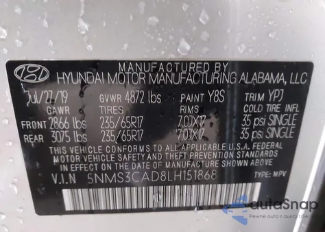 2020 Hyundai Santa Fe Sel из США, поврежденный, VIN 5NMS3CAD8LH151868